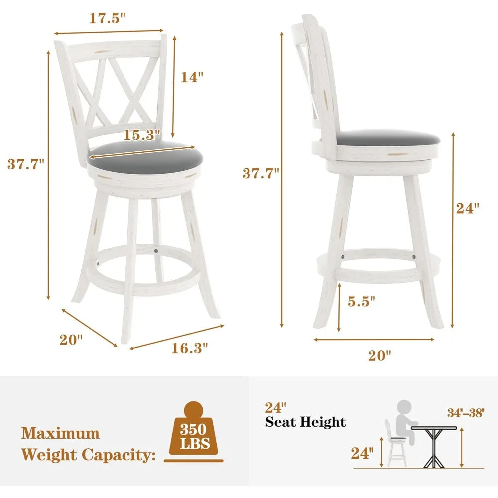 24" Counter Height Swivel Bar Stools - High Back Swivel Counter Stools with Upholstered Seat & Solid Wood Footrest