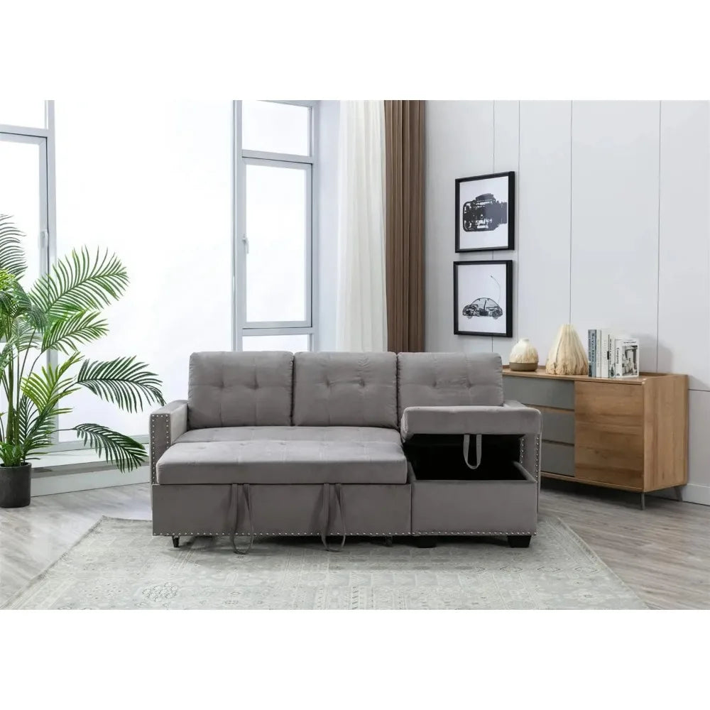 76.8'' Pull Out Sleeper Sectional Storage Sofa Bed,L-Shaped Convertible Velvet Corner Sofa Bed, Reversible Storage Chaise