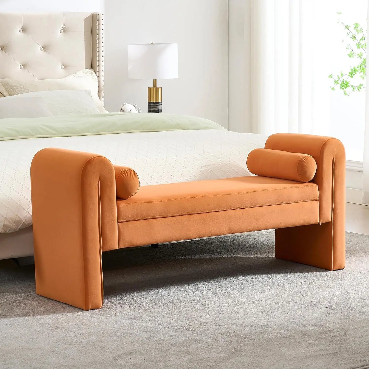 Storage Bench for Bedroom End of Bed, 65" Velvet Upholstered Rolled Armed Button Tufted Stool Bench, Storage Ottoman