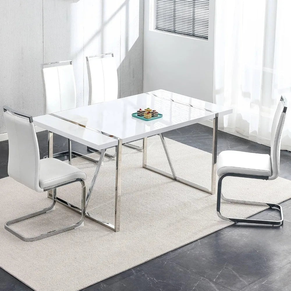 Dining Table Set, White Rectangular Kitchen Table and 4 Leather Dinner Chairs, Modern Metal Frame 5 Piece Dining Tables Sets