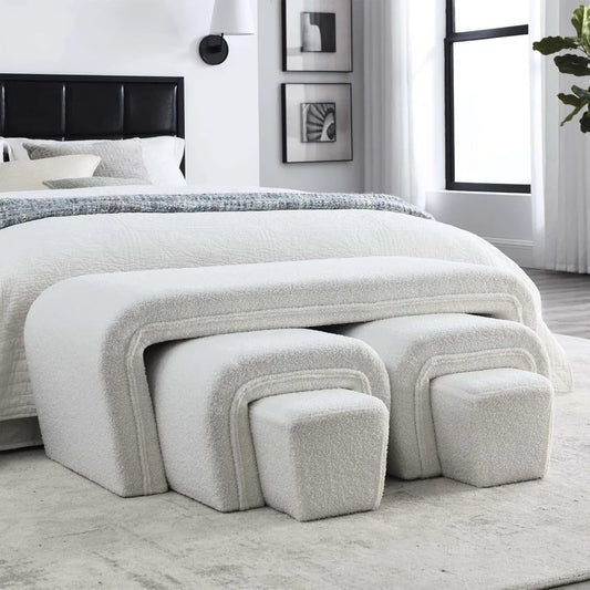 Ottoman Bench End of Bed,Comfy Upholstered Entry Bench with 2 Small Stools and Footrests Vanity Bench Stools,Fabric Arched