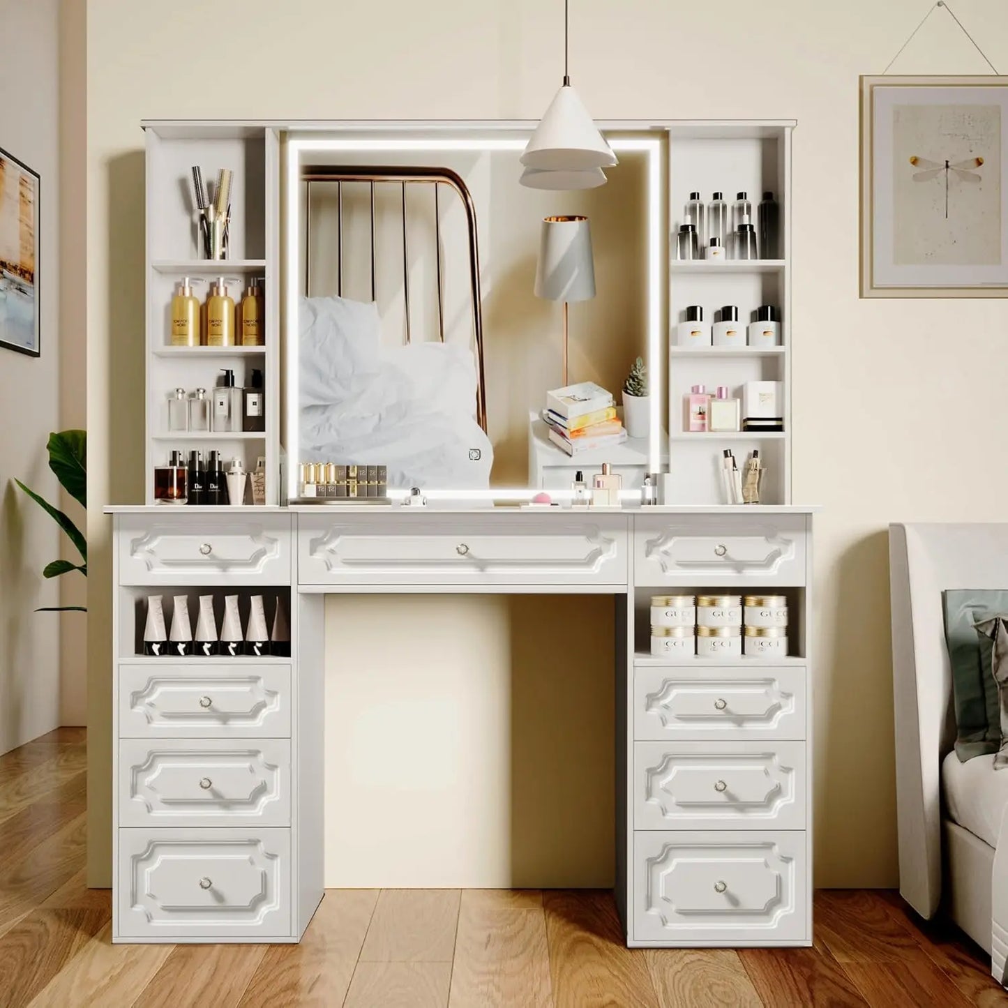 Extra Large Vanity Desk with Lighted Mirror Huge Desktop Makeup Vanity Table with 9 Drawers European Style Vanity Crystal