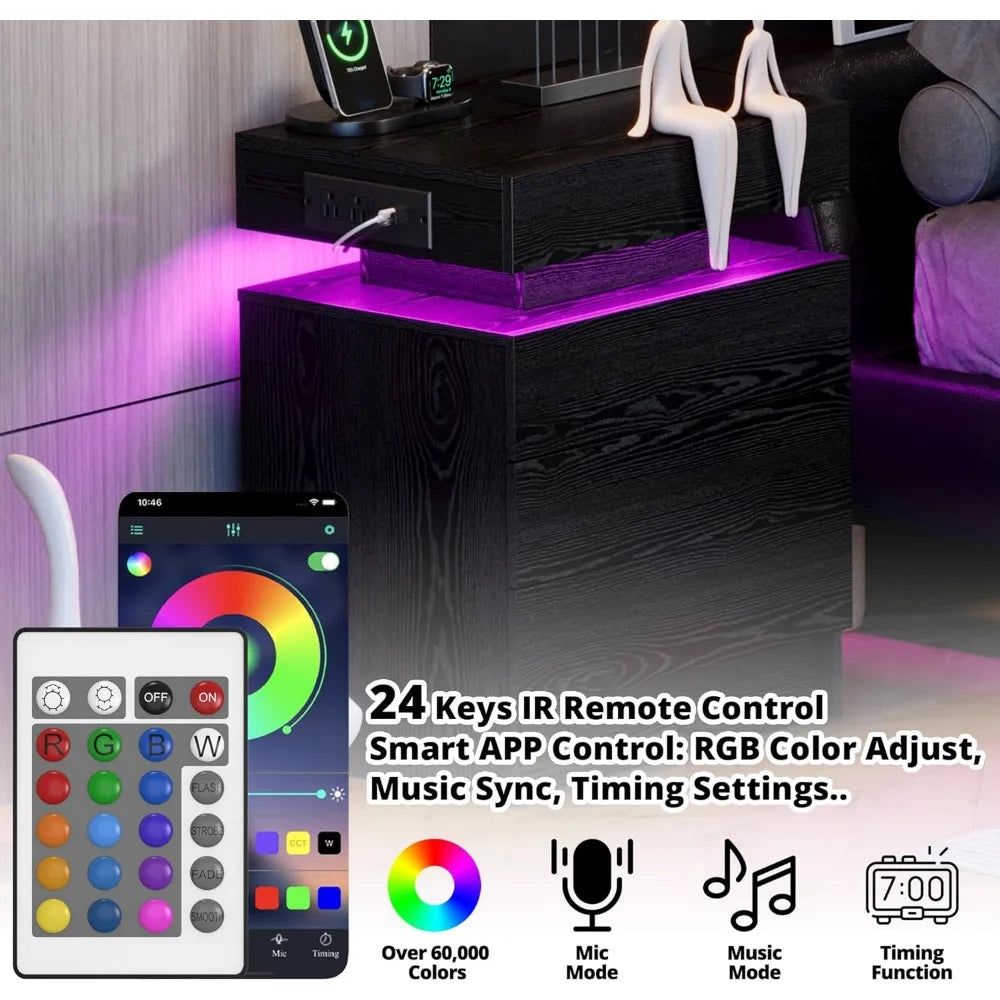 Nightstand with Charging Station, Modern Black Nightstand with LED Light and 3 Drawers, Bedside Tables/End Table for Bedroom