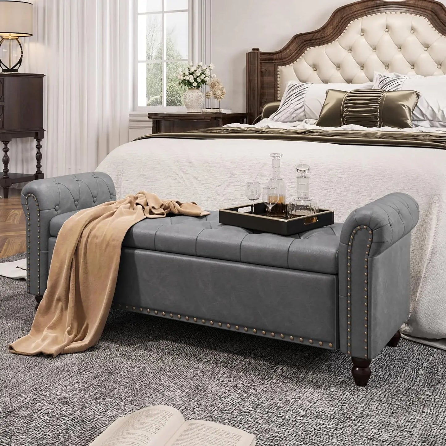 Vabches Faux Leather Storage Ottoman Bench Upholstered Button Tufted Storage Bench with Rolled Arm&Nailhead Trim for Living Room