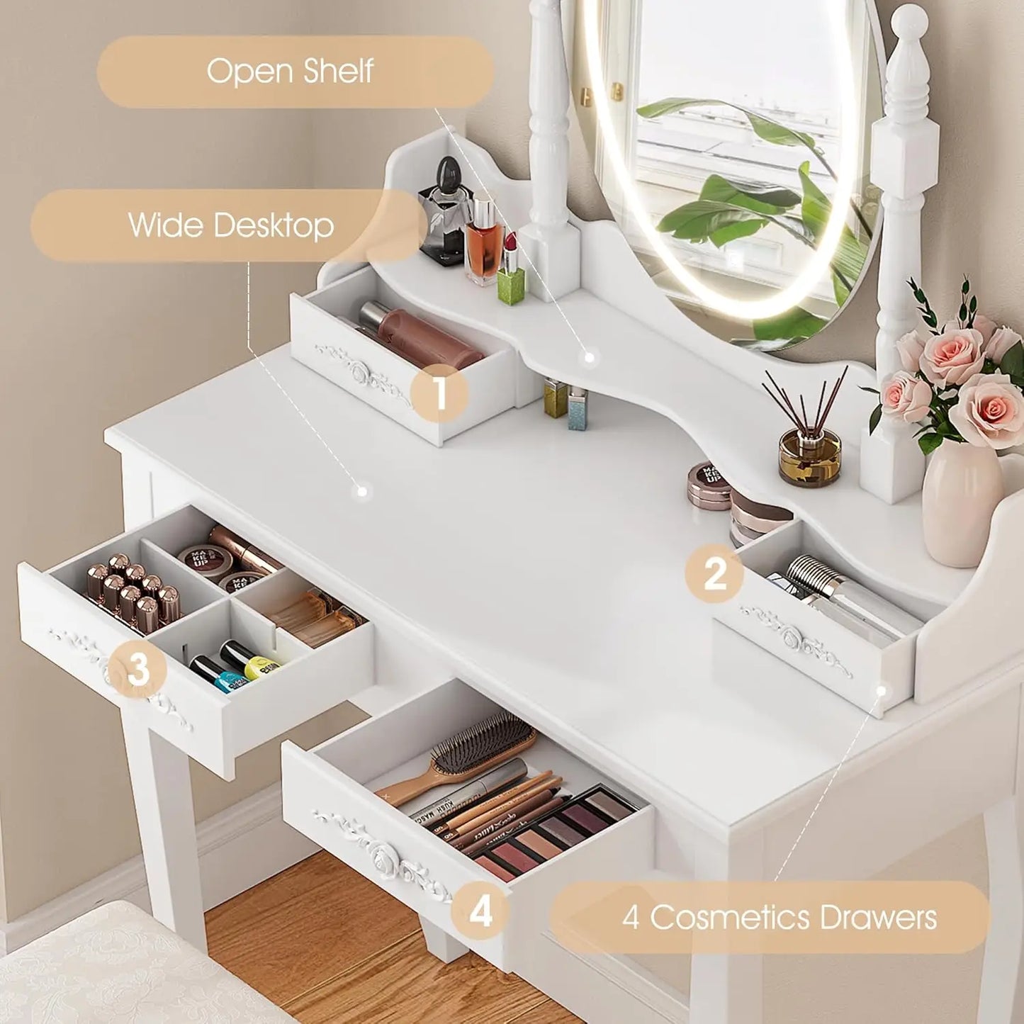 Vanity Desk with Mirror and Lights, Modern Vanity Makeup Table and Cushioned Stool Set with 4 Drawers, 3 Color Lighting Modes