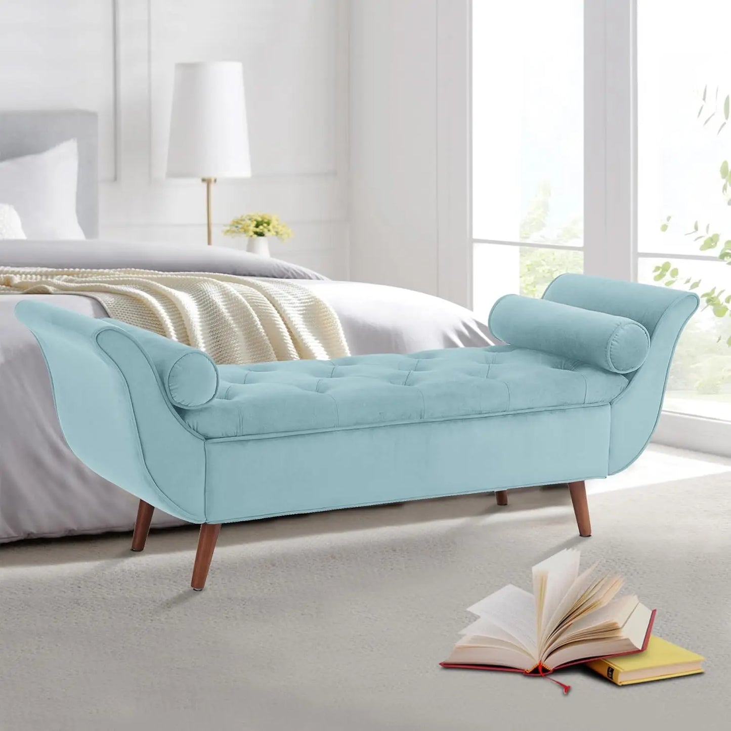 Storage Bench for Bedroom End of Bed, 65" Velvet Upholstered Rolled Armed Button Tufted Stool Bench, Storage Ottoman