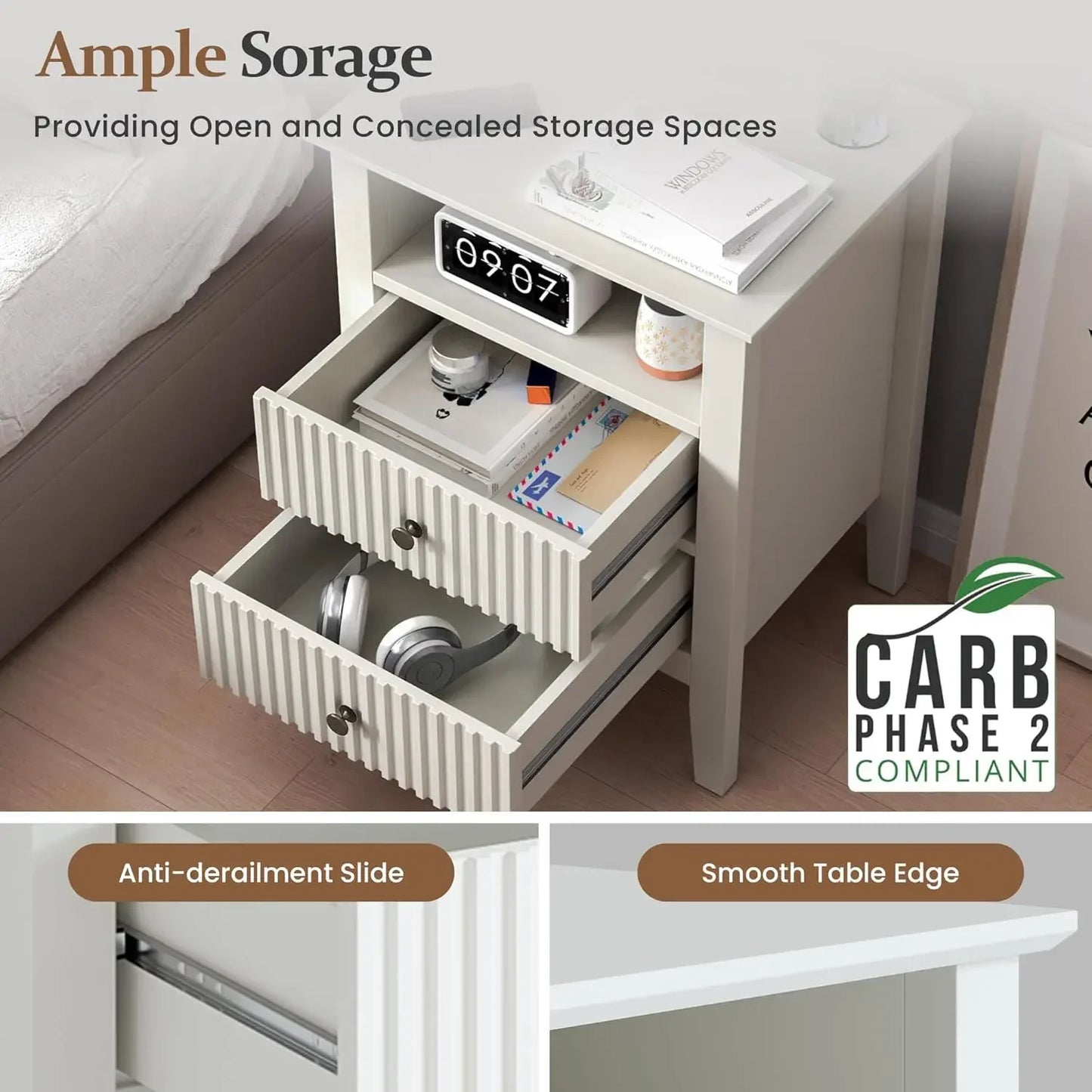 Nightstand Set of 2 with Charging Station End Table with 2  Slide Drawers & Storage Shelf, Modern Wood NightStand Cabinet