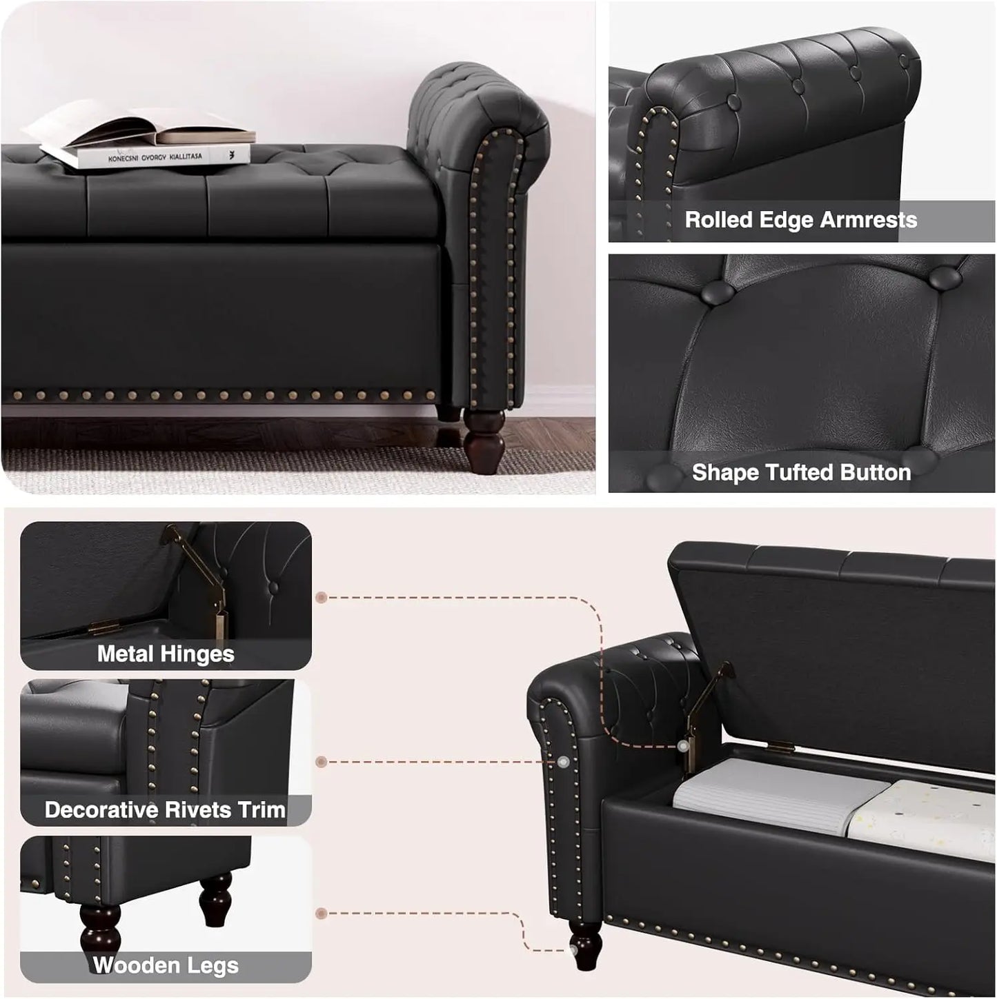 Vabches Faux Leather Storage Ottoman Bench Upholstered Button Tufted Storage Bench with Rolled Arm&Nailhead Trim for Living Room