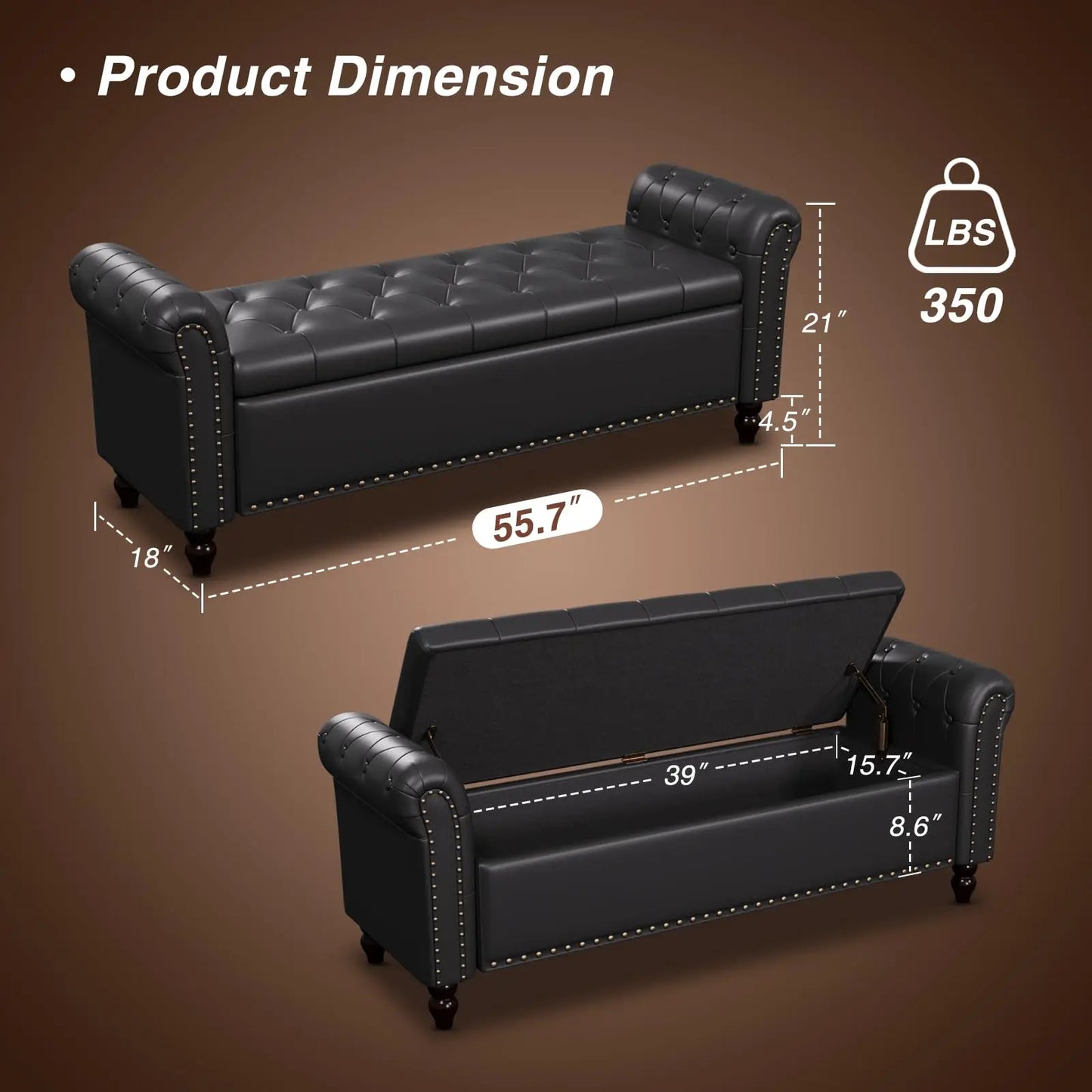 Vabches Faux Leather Storage Ottoman Bench Upholstered Button Tufted Storage Bench with Rolled Arm&Nailhead Trim for Living Room