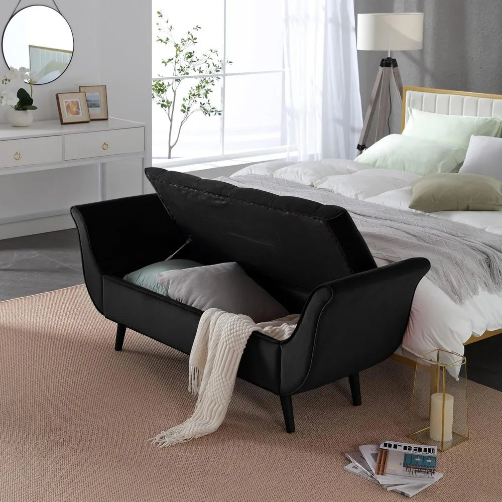 Storage Bench for Bedroom End of Bed, 65" Velvet Upholstered Rolled Armed Button Tufted Stool Bench, Storage Ottoman