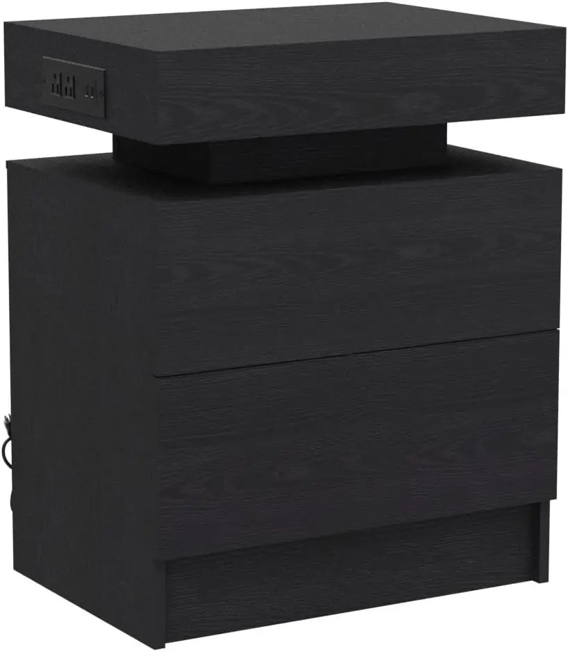 Night Stand with Charging Station, Modern Nightstand with LED Light and Drawers, Bedside Tables/End Table for Bedroom
