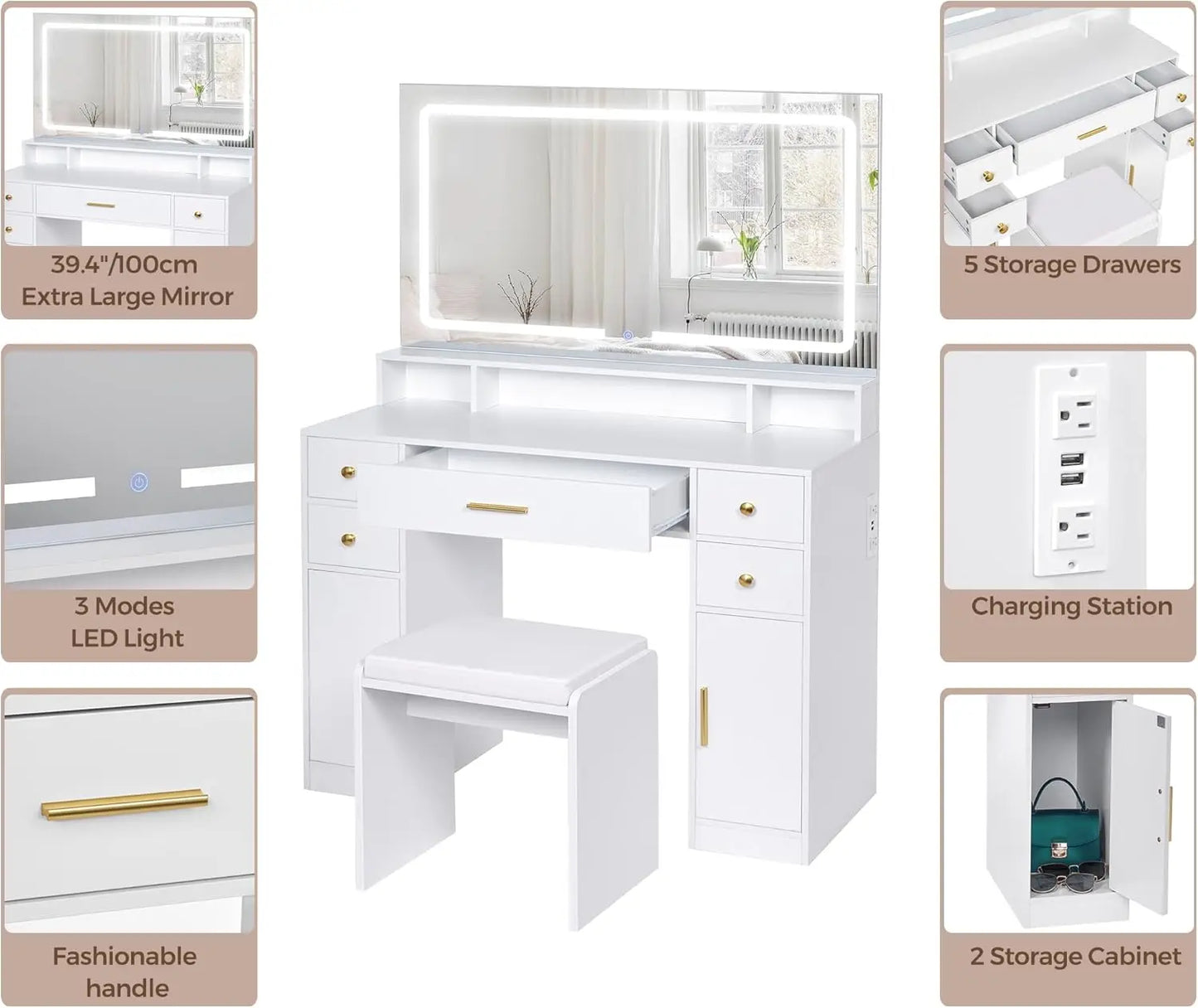 Vanity Desk Set with Large LED Lighted Mirror Power Outlet White Makeup Vanity Table 3 Color Lighting Modes Dressing Table