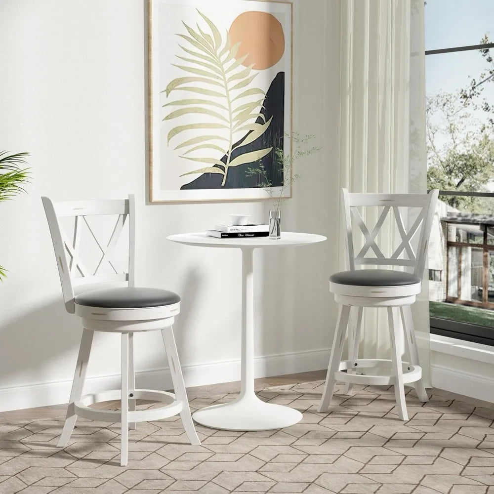 24" Counter Height Swivel Bar Stools - High Back Swivel Counter Stools with Upholstered Seat & Solid Wood Footrest