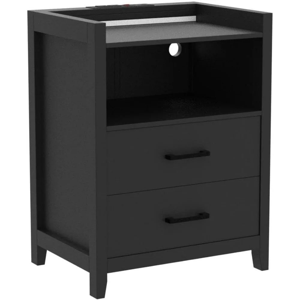 LED Nightstands Set of 2, Black Night Stand with Charging Station and 2 Drawers, Wood End Side Table with USB Ports
