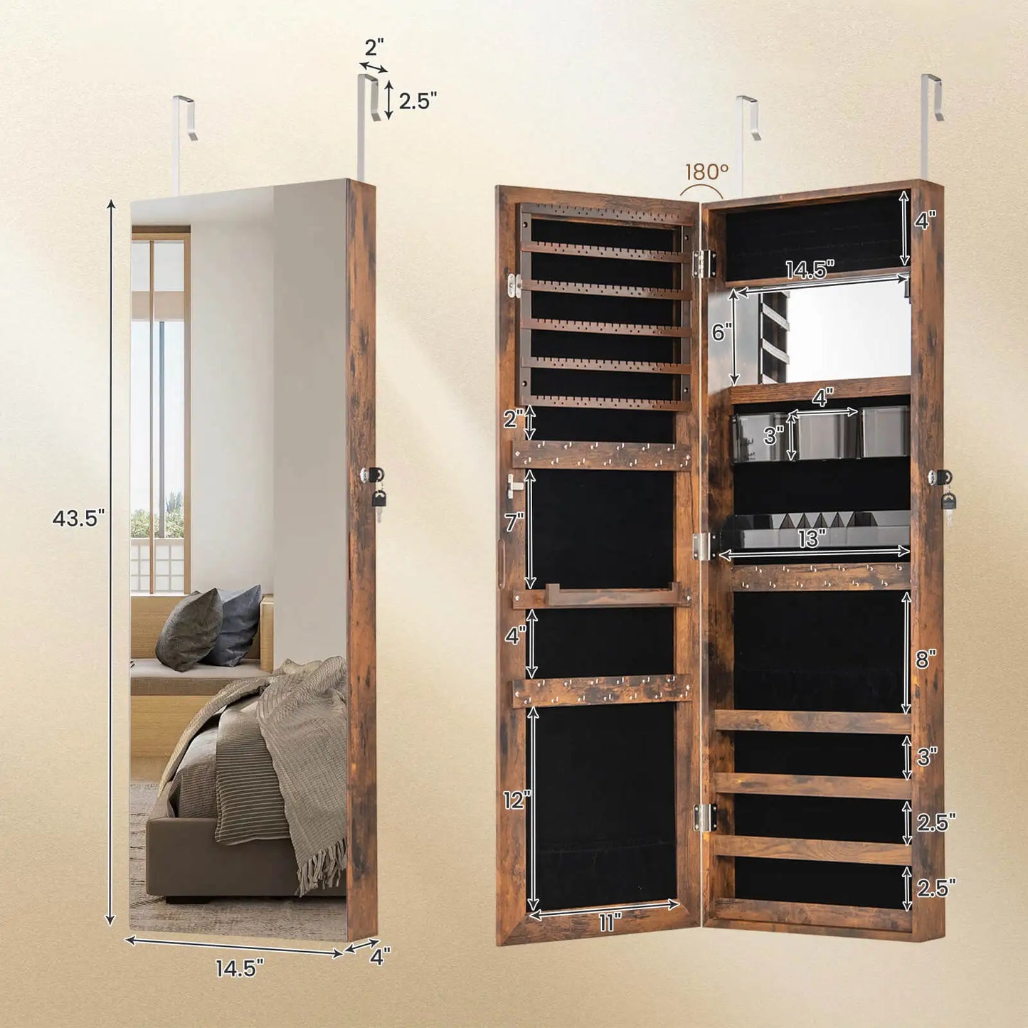 43.5" Jewelry Mirror Cabinet w/ Full-length Mirror & Interior Makeup Mirror