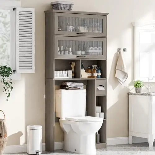 Vabches Over the Toilet Storage Cabinet Bathroom Organizer with Glass Door&Shelves Wooden Toilet Rack Bathroom Storage Cabinet