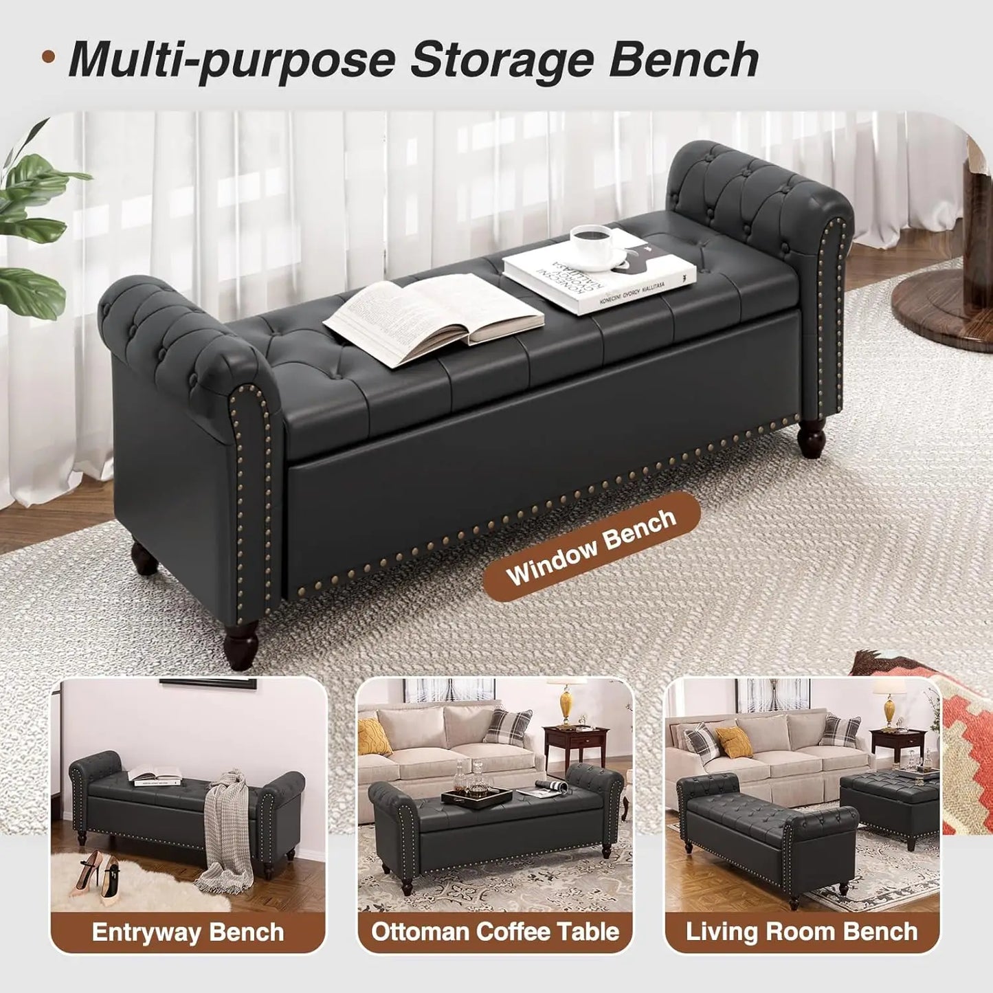 Vabches Faux Leather Storage Ottoman Bench Upholstered Button Tufted Storage Bench with Rolled Arm&Nailhead Trim for Living Room