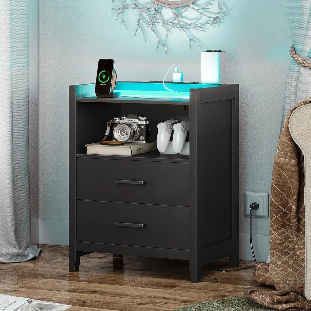 LED Nightstands Set of 2, Black Night Stand with Charging Station and 2 Drawers, Wood End Side Table with USB Ports