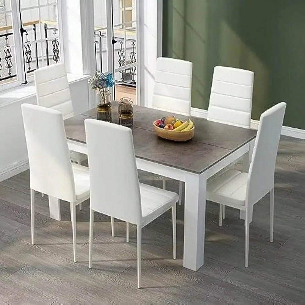 Dining Table And Chairs Set 6, 7 Pieces Kitchen Table Set With High Back Faux Leather Chair For Dining Room Kitchen Rectangular