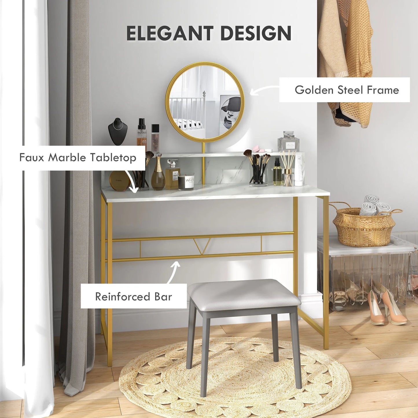 Elegant Marble Makeup Vanity Table W/ Open Storage & Round Mirror, White/Gold