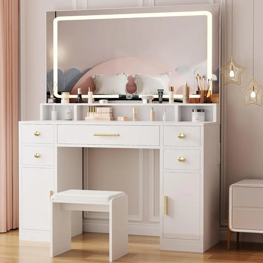Vanity Desk Set with Large LED Lighted Mirror Power Outlet White Makeup Vanity Table 3 Color Lighting Modes Dressing Table
