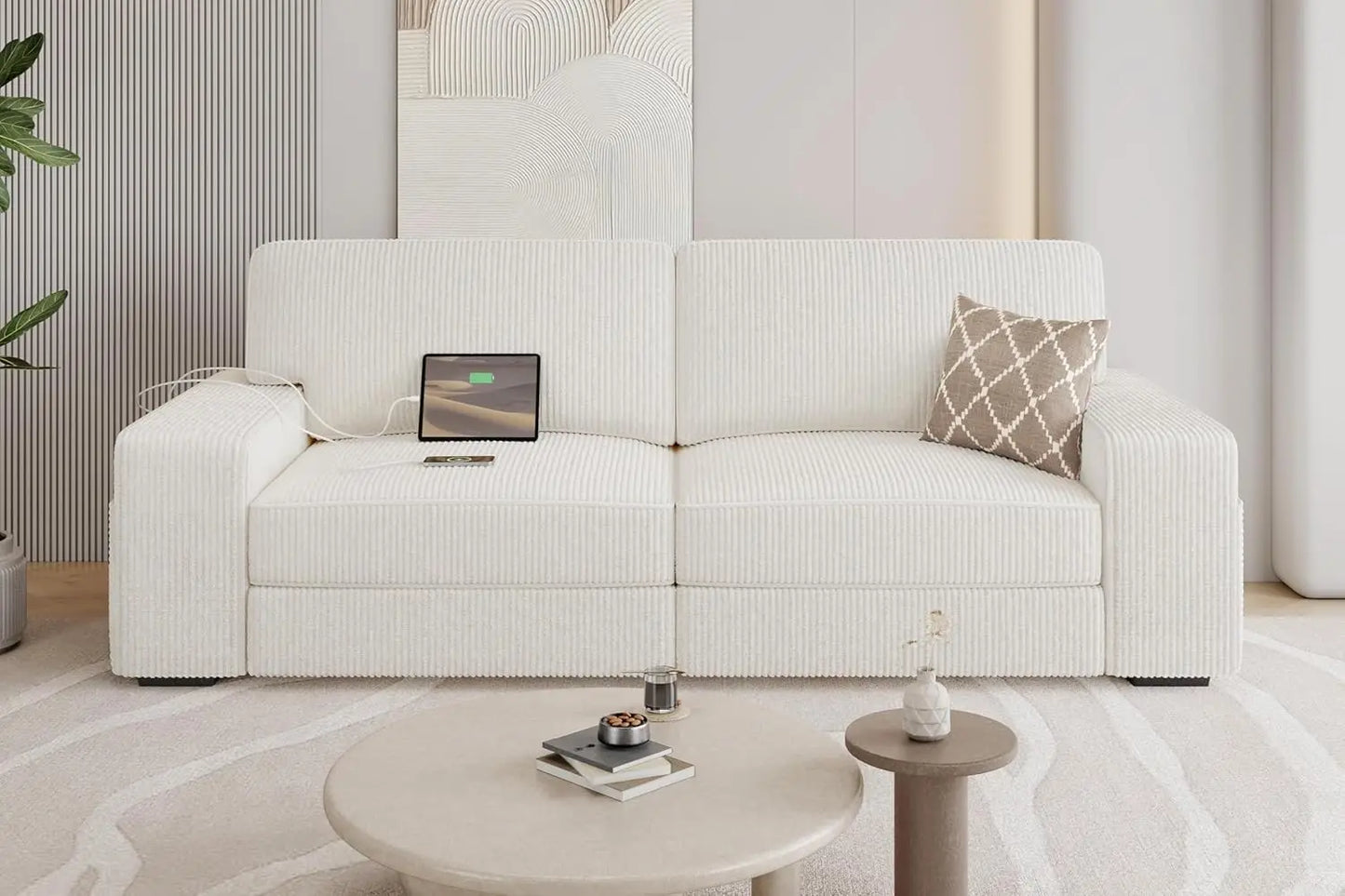 83.5" W Modern Sofa Couch 2 Seater Corduroy Fabric Sofa for Living Room Apartment, Ivory