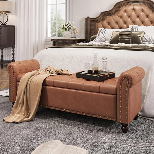 Vabches Faux Leather Storage Ottoman Bench Upholstered Button Tufted Storage Bench with Rolled Arm&Nailhead Trim for Living Room
