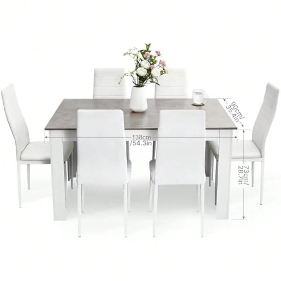 Dining Table And Chairs Set 6, 7 Pieces Kitchen Table Set With High Back Faux Leather Chair For Dining Room Kitchen Rectangular