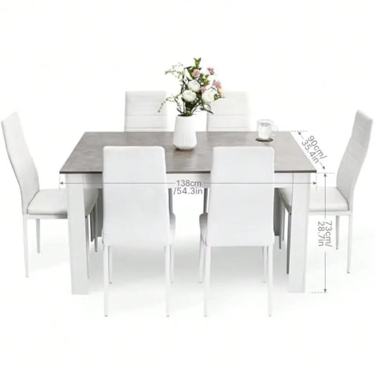 Dining Table And Chairs Set 6, 7 Pieces Kitchen Table Set With High Back Faux Leather Chair For Dining Room Kitchen Rectangular