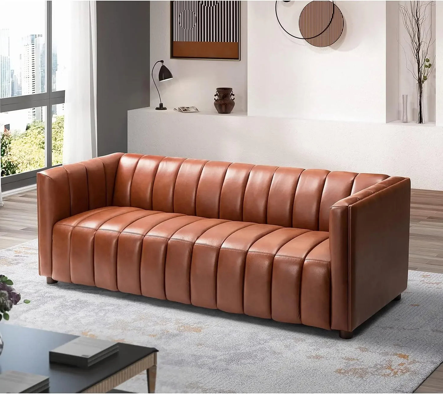 83" Genuine Leather Sofa, Sofa Leather for Living Room,3 Seater Sofas Couch Top Layer Leather Large Sofas Furniture with Channel