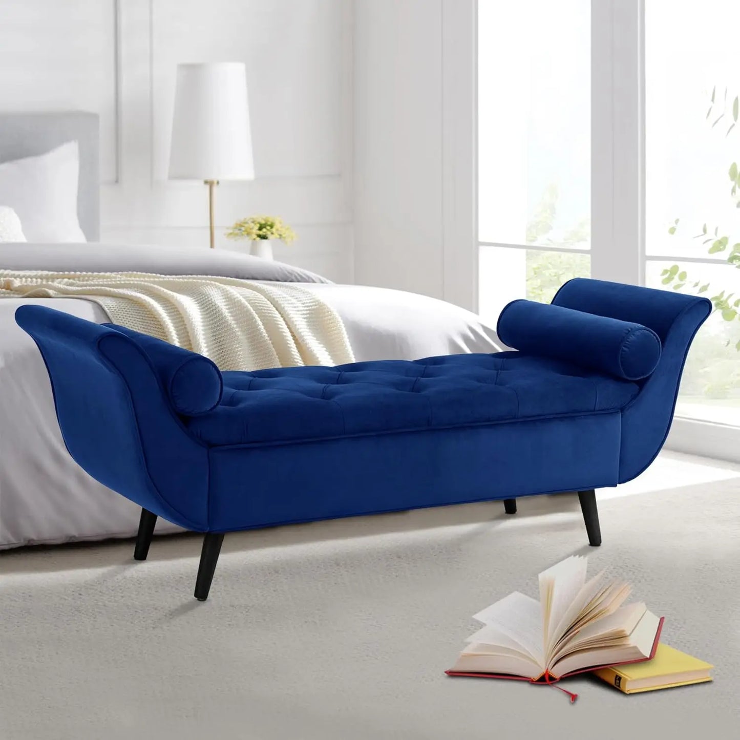 Storage Bench for Bedroom End of Bed, 65" Velvet Upholstered Rolled Armed Button Tufted Stool Bench, Storage Ottoman