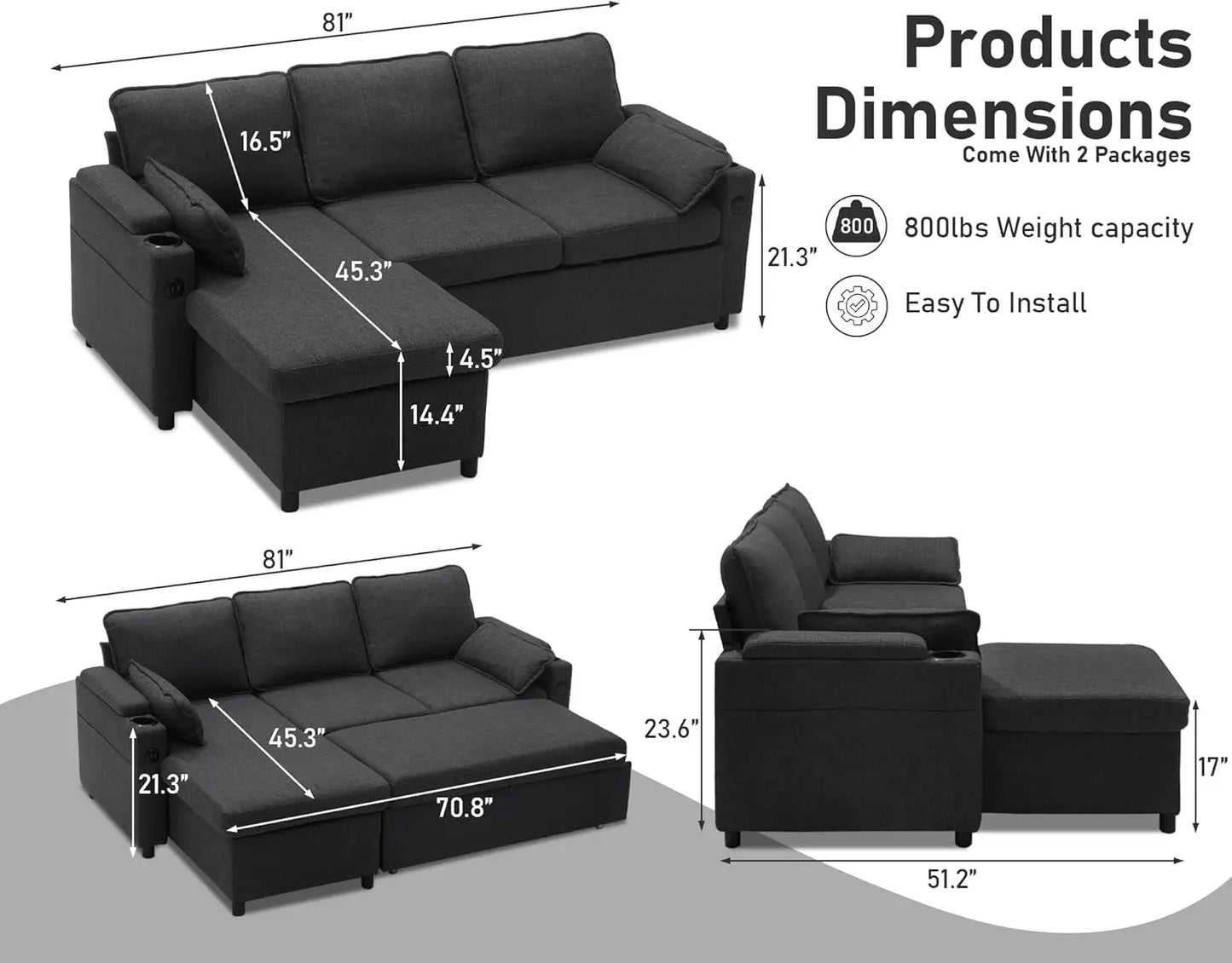 Sleeper Pull Out 2 in 1 Sectional Sleeper Sofa Couches with Storage,USB, Cup Holder,Pullout Sectional Couches