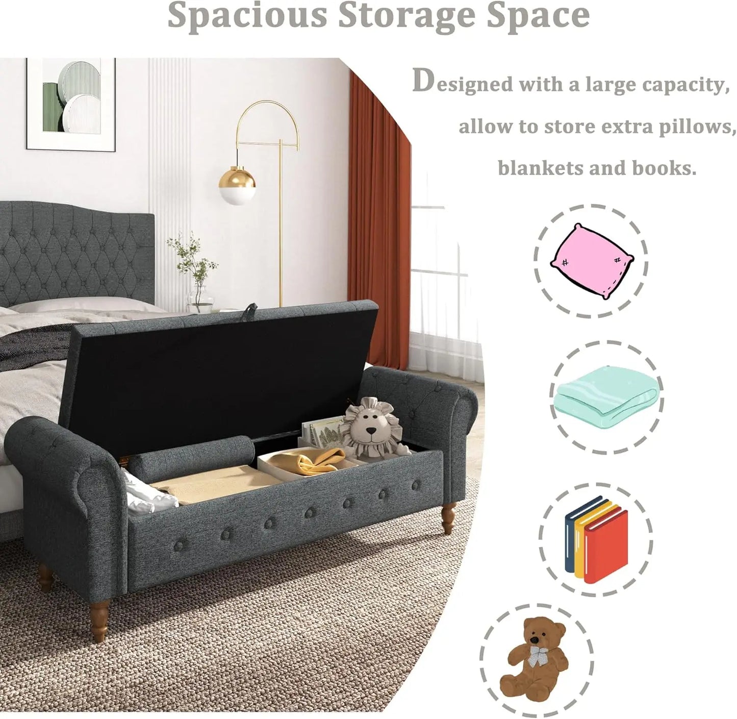 Linen Upholstered Storage Bench, 63" End of Bed Storage Ottoman Bench with Rolled Arms for Bedroom