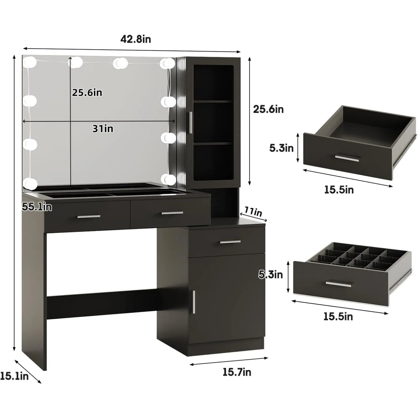 43in Glass Top Vanity with Mirror and Lights,Makeup Vanity Desk with Charging Station with RGB Lights ，3 Lighting Modes