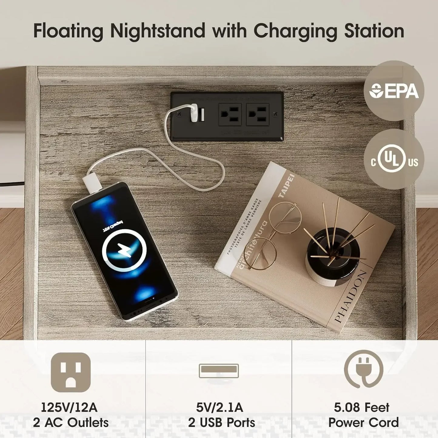Floating Nightstand Set of 2 with Charging Station and Drawer Small Bedside End Table with Outlet Modern Floating Night Sta