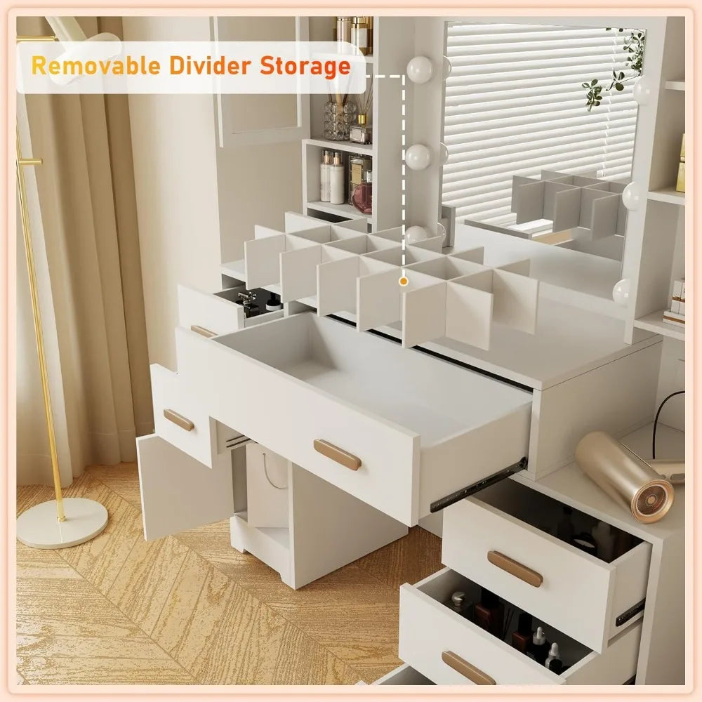 Makeup table with mirror, light and charging station, 49 inch white vanity, 3 LED light modes, 7 drawers and 3 bedroom cabinets