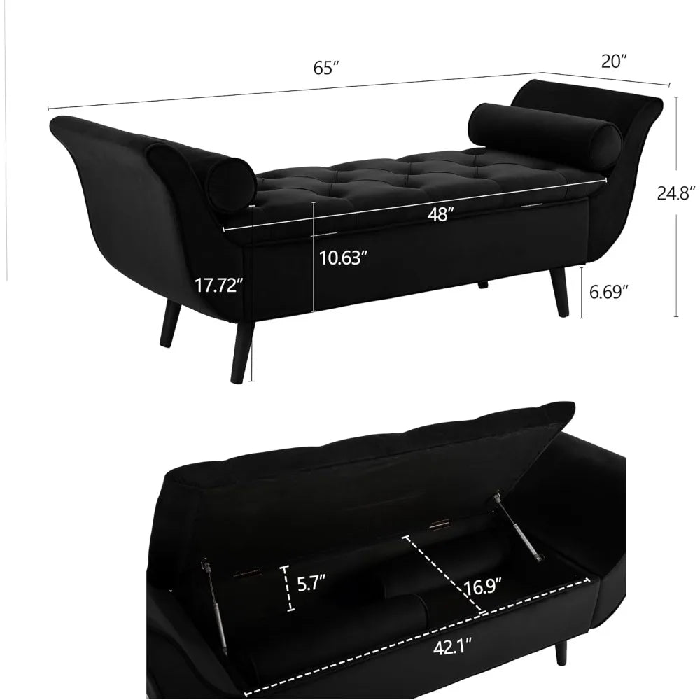 Storage Bench for Bedroom End of Bed, 65" Velvet Upholstered Rolled Armed Button Tufted Stool Bench, Storage Ottoman