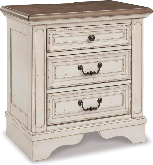 Realyn French Country 3 Drawer Nightstand with Electrical Outlets & USB Ports, 27.75" Tall