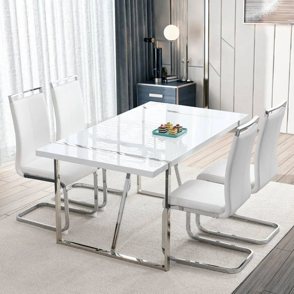 Dining Table Set, White Rectangular Kitchen Table and 4 Leather Dinner Chairs, Modern Metal Frame 5 Piece Dining Tables Sets