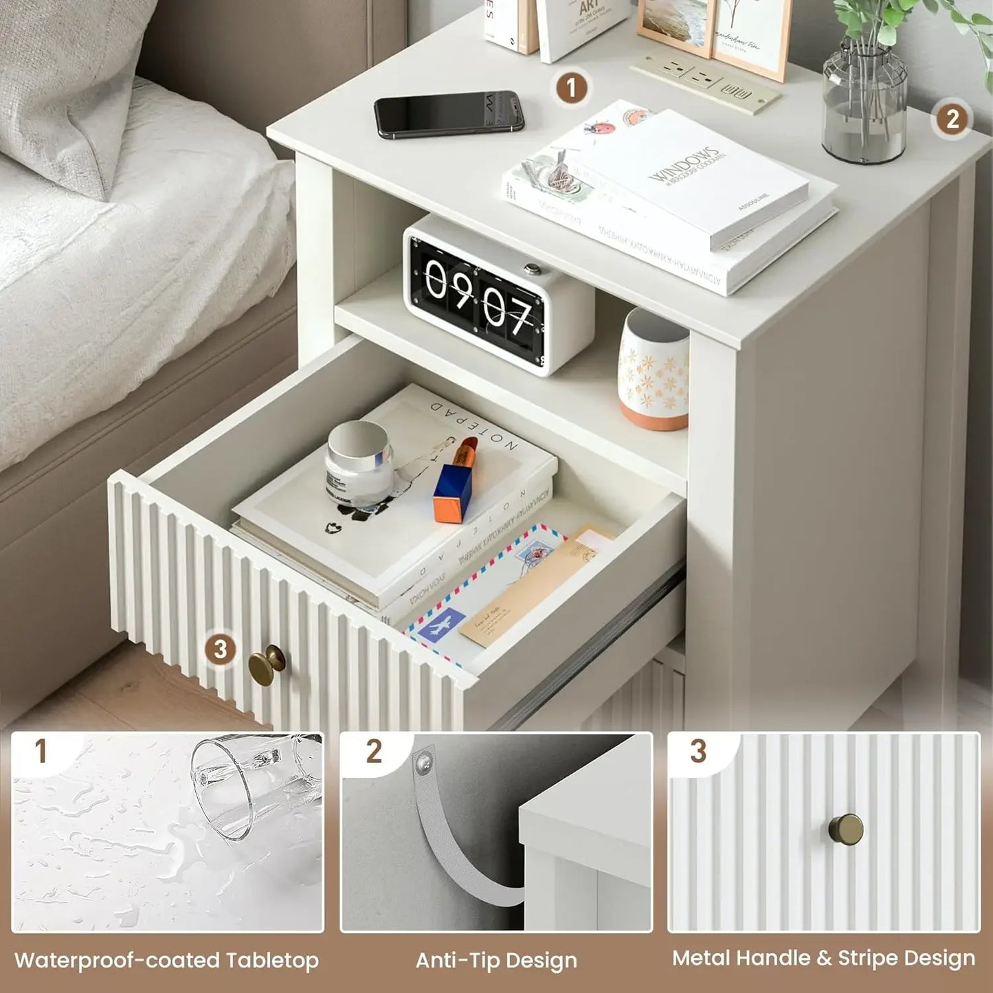 Nightstand Set of 2 with Charging Station End Table with 2  Slide Drawers & Storage Shelf, Modern Wood NightStand Cabinet