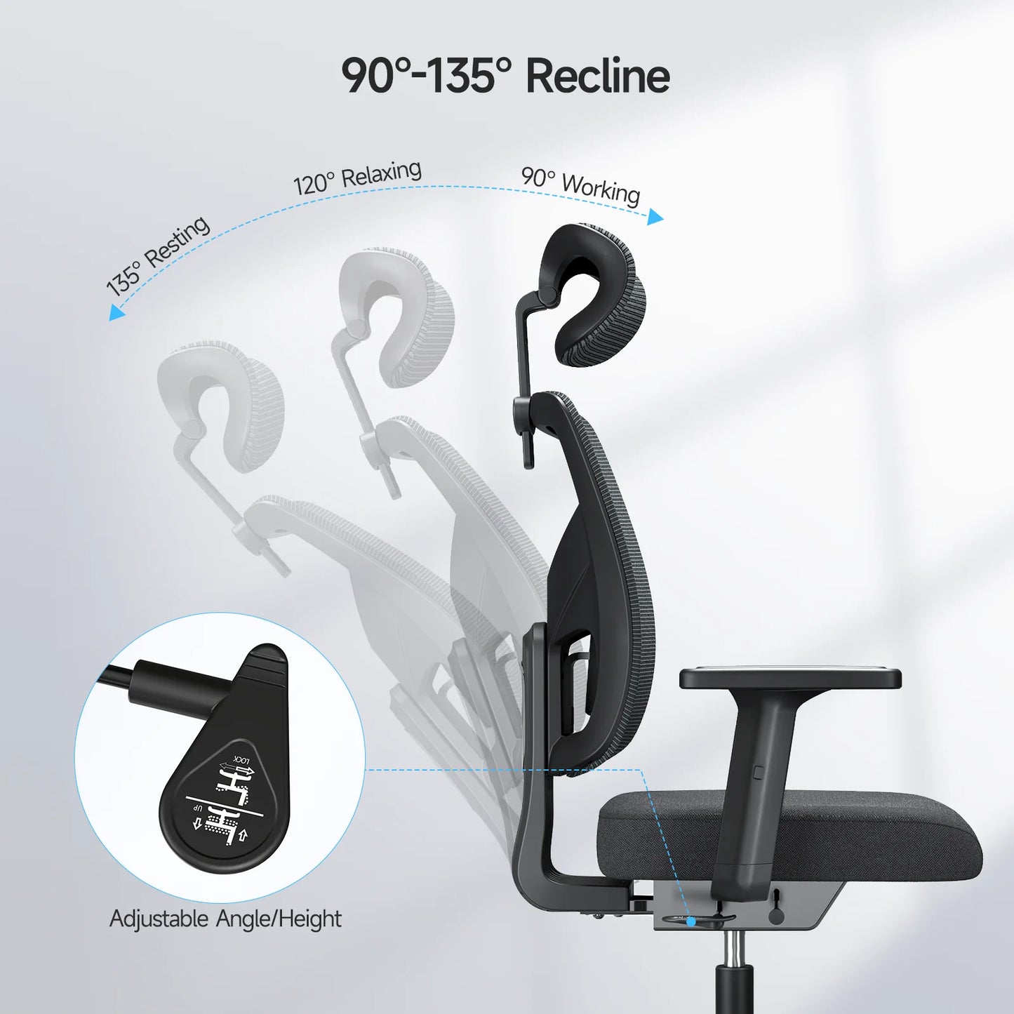 Ergonomic office chair, adjustable backrest, tilt locking function, lumbar support, armrests, 2D headrest