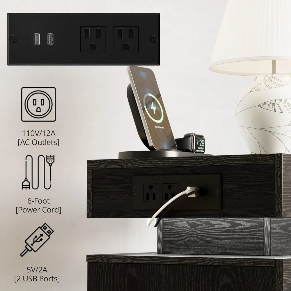 Nightstand with Charging Station, Modern Black Nightstand with LED Light and 3 Drawers, Bedside Tables/End Table for Bedroom