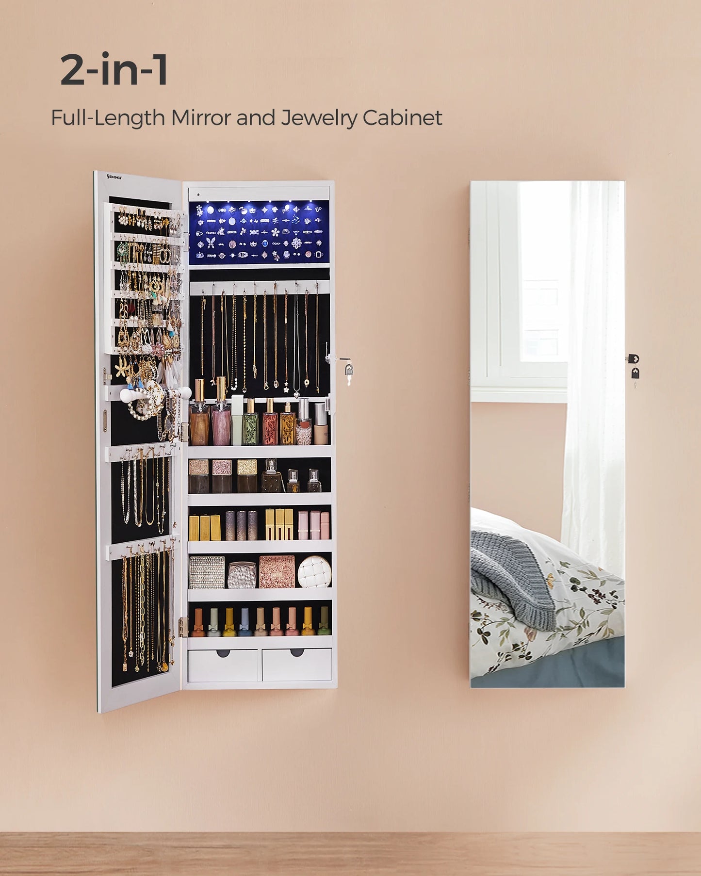 SONGMICS Hanging Jewelry Cabinet, Wall-Mounted Cabinet with LED Interior Lights, Door-Mounted Jewelry Organizer