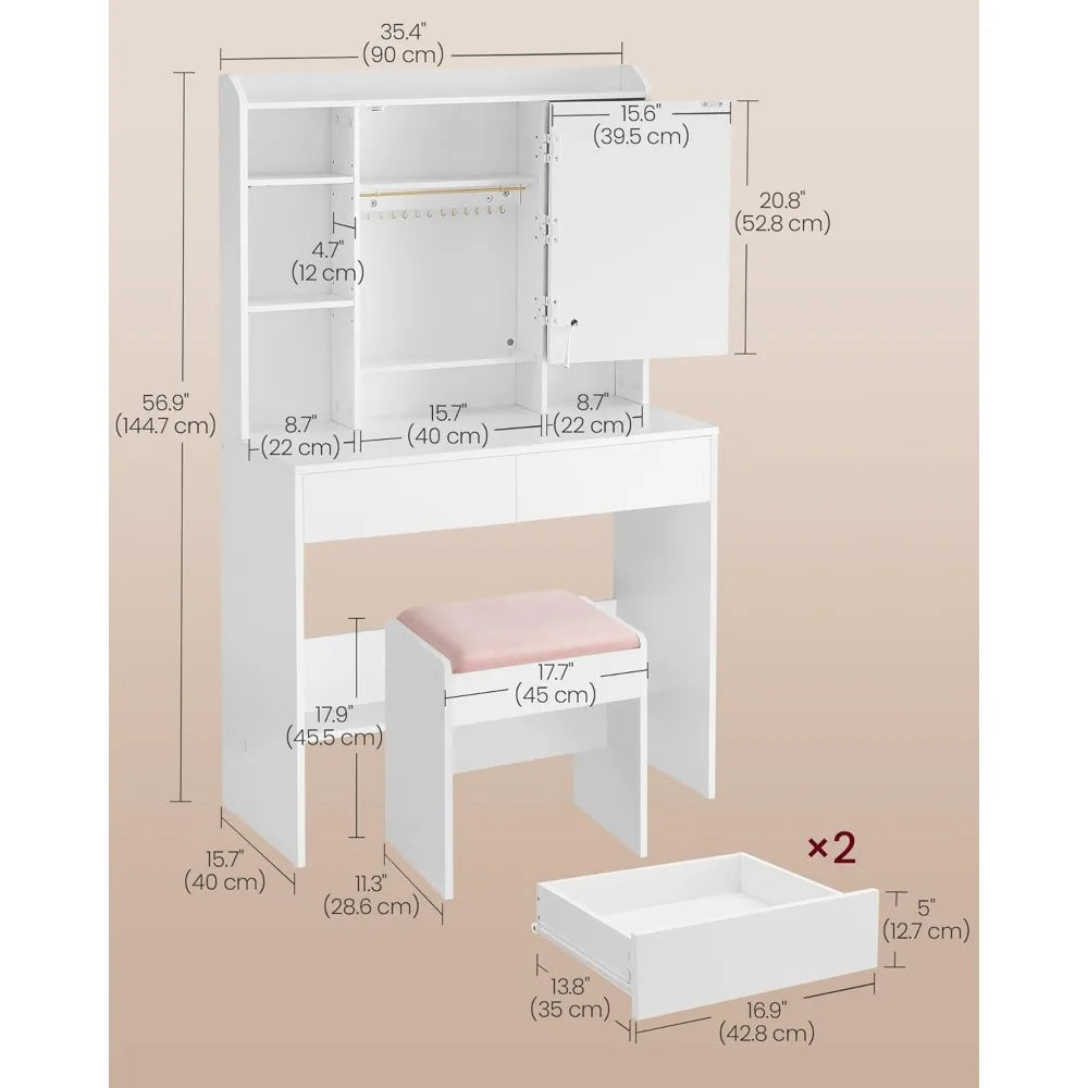Vanity Desk with Mirror and Lights, Makeup Vanity with Upholstered Vanity Stool, Dimmable LED Lights, Adjustable Shelves