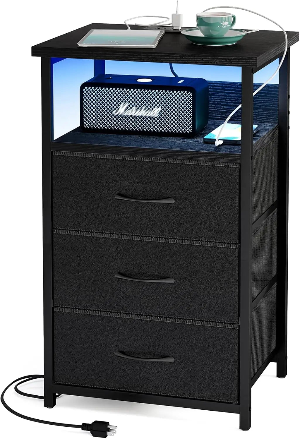 Tall Nightstand with Charging Station and LED Lights, Night Stand with PU Finish Fabric Storage Drawers,3 Drawers