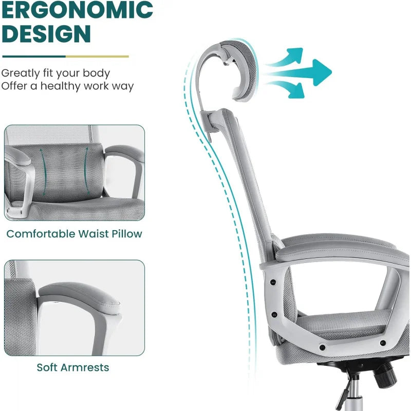 Office Desk Computer Chair, Ergonomic High Back Comfy Swivel Gaming Home Mesh Chairs with Wheels, Lumbar Support, Adjustable Hea