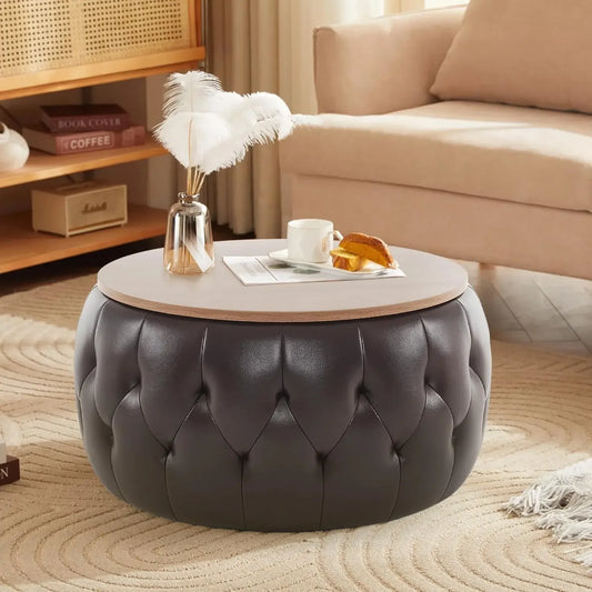Round storage ottoman, coffee table, large velvet ottoman with wooden cover, tufted ottoman circle in the living room bedroom