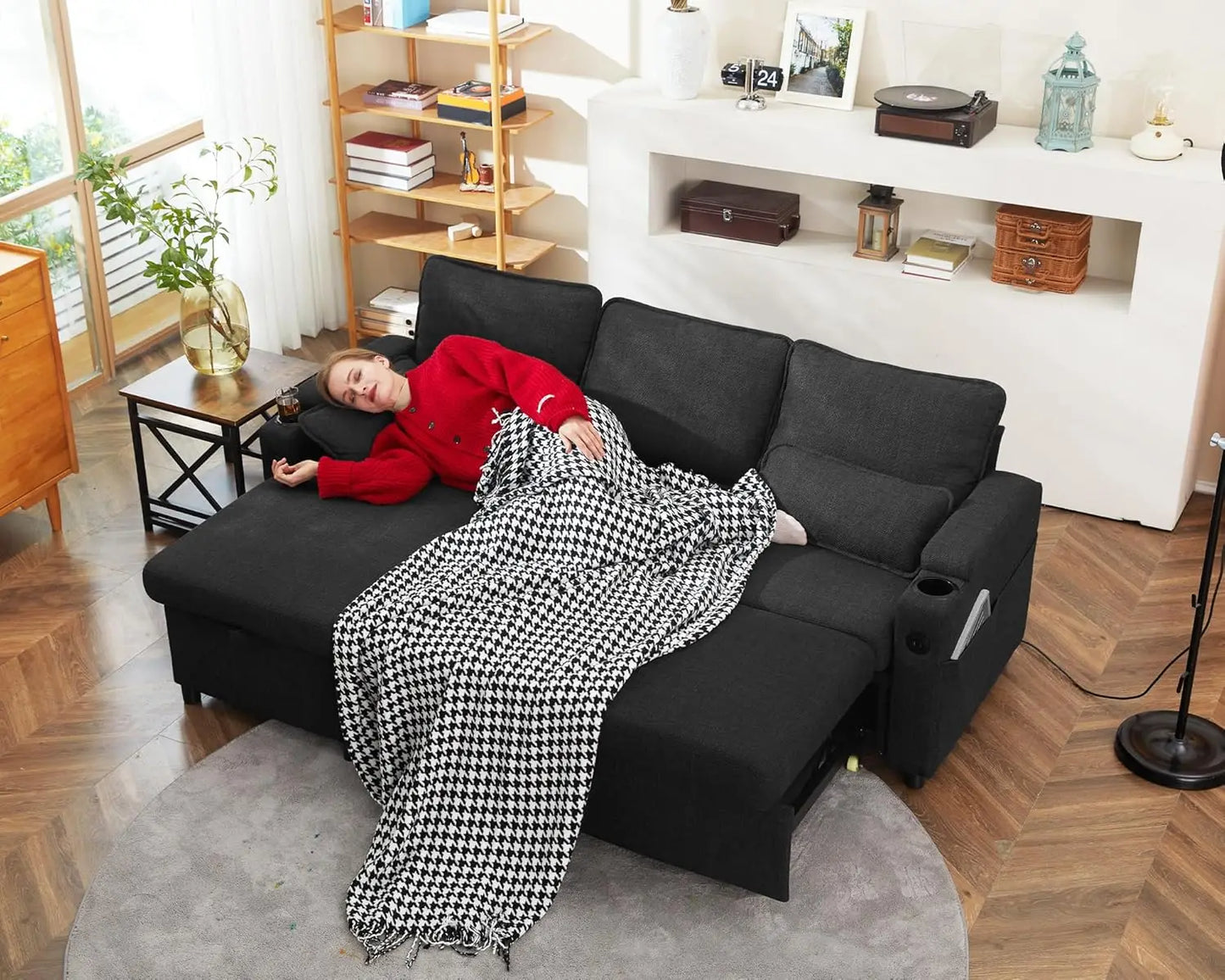 Sleeper Pull Out 2 in 1 Sectional Sleeper Sofa Couches with Storage,USB, Cup Holder,Pullout Sectional Couches