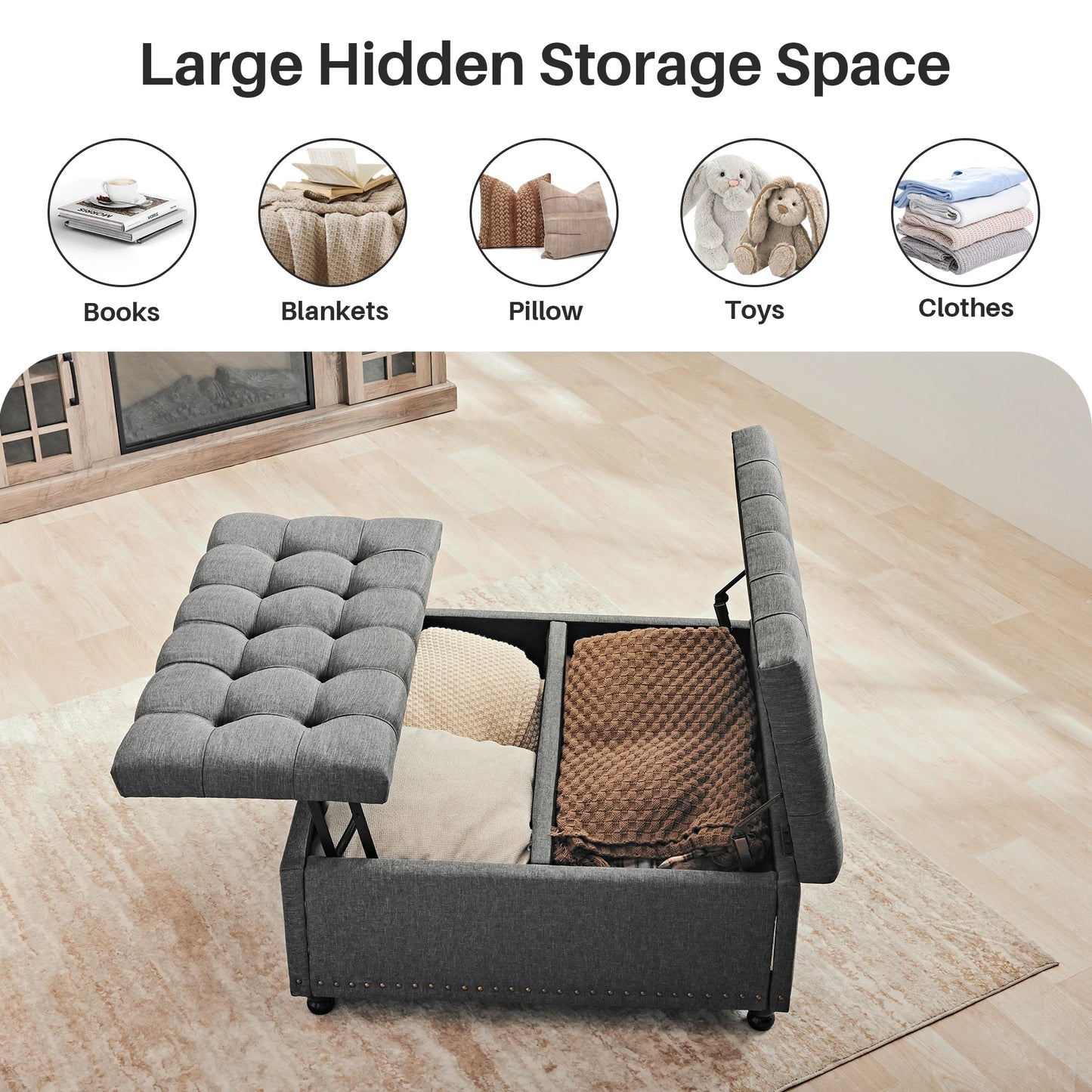 REDLIFE 35" Large Square Storage Ottoman Bench, Upholstered Coffee Table ,Lift Top Storage Ottoman Tufted Fabric for Living Room