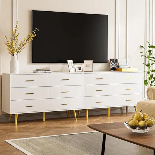 White Dresser for Bedroom, 6 Drawer Dresser with Wide Drawers and Gold Metal Handles, Wood Dressers Chest of Hallway